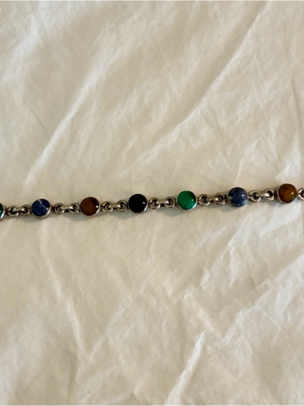 Vintage Sterling Silver multi-gemstone link bracelet Mexican artisan silver